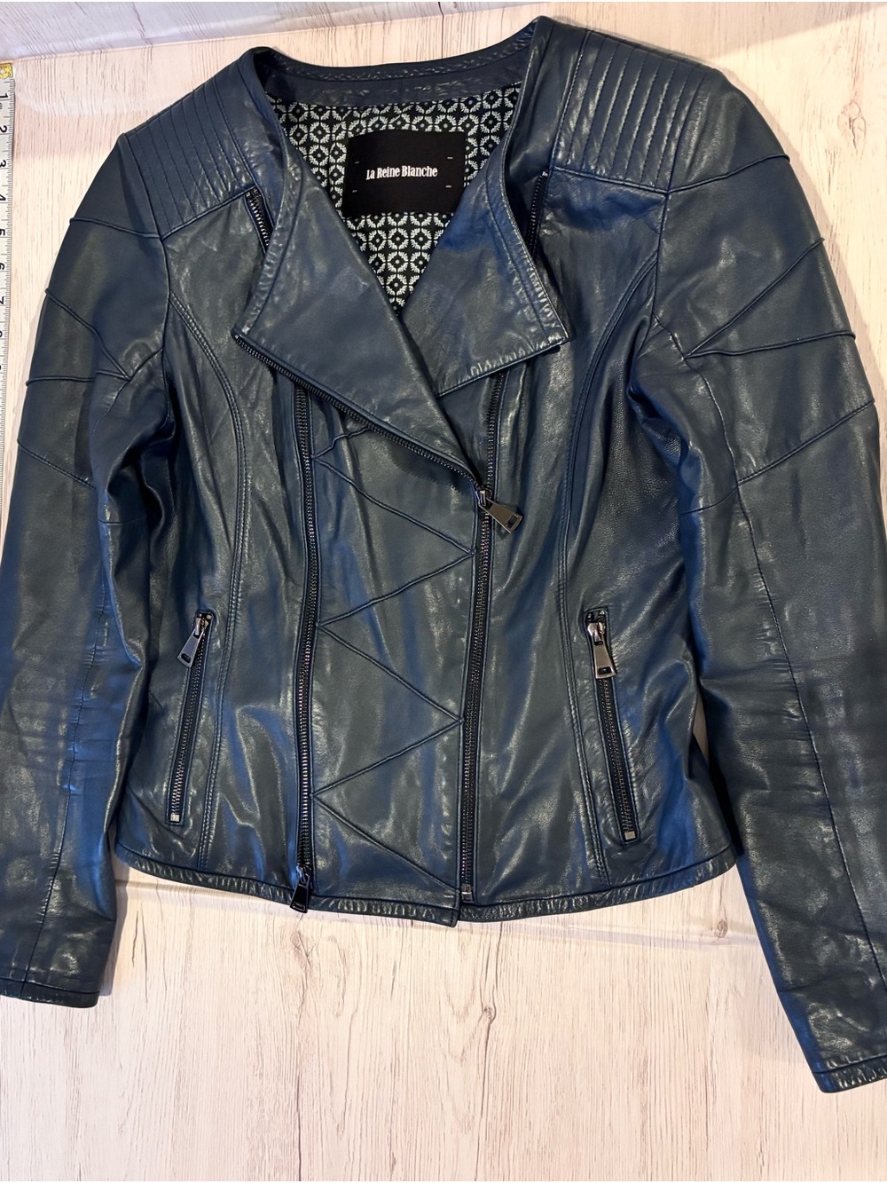 Women’s Dark Navy Faux Leather Moto Jacket Size M EU 42 Classic Style